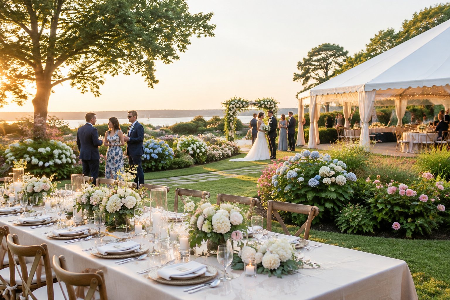 An elegant outdoor wedding reception in a landscaped Long Island garden.