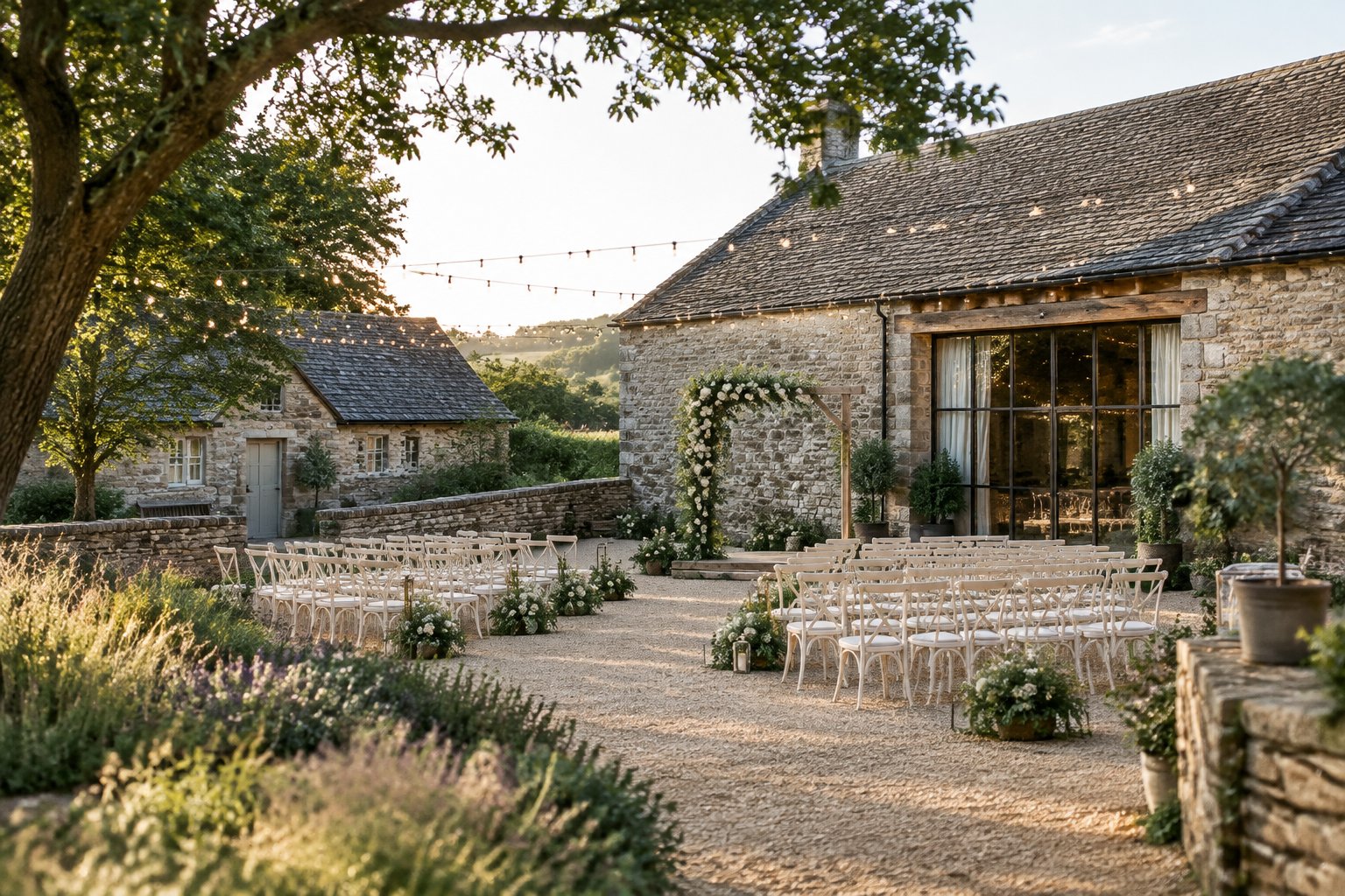 A rustic outdoor wedding venue with a stone barn, floral ceremony arch, white chairs, greenery, and warm string lights.
