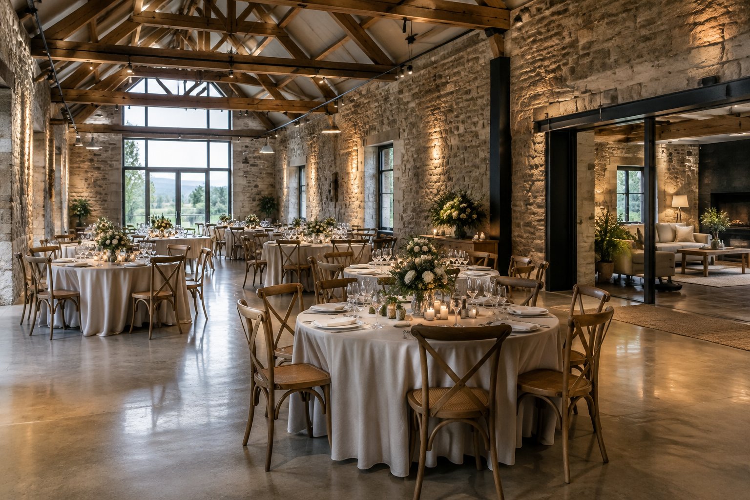 Elegant rustic wedding reception hall with exposed stone walls, timber beams, decorated tables, and warm natural light.