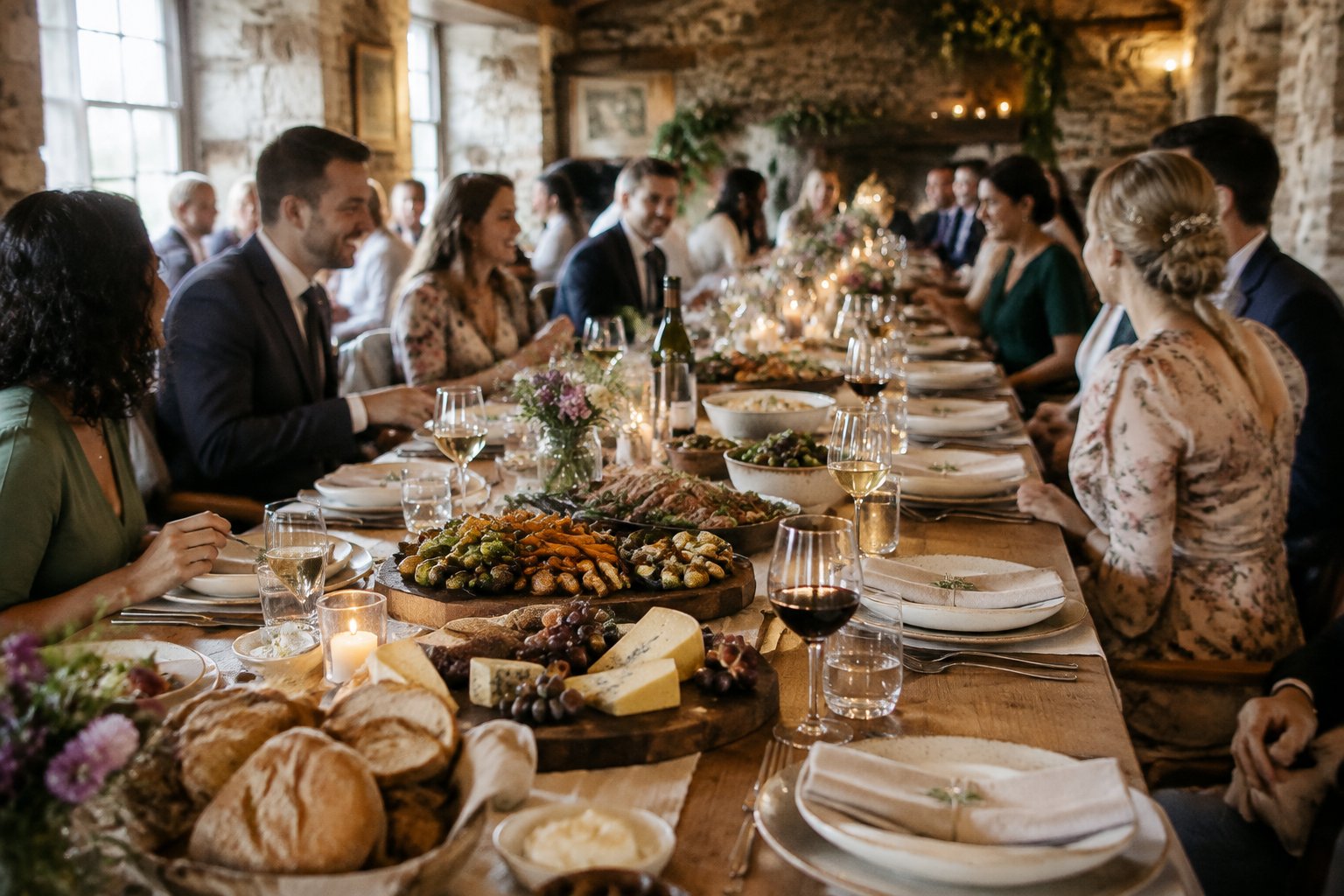 Wedding guests sharing a meal at a warmly decorated Scottish reception table.