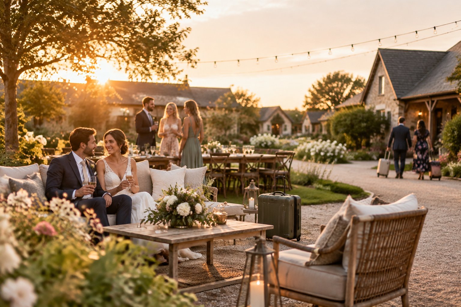 A newlywed couple and guests relax in a flower-filled outdoor wedding venue beside welcoming guest accommodations.