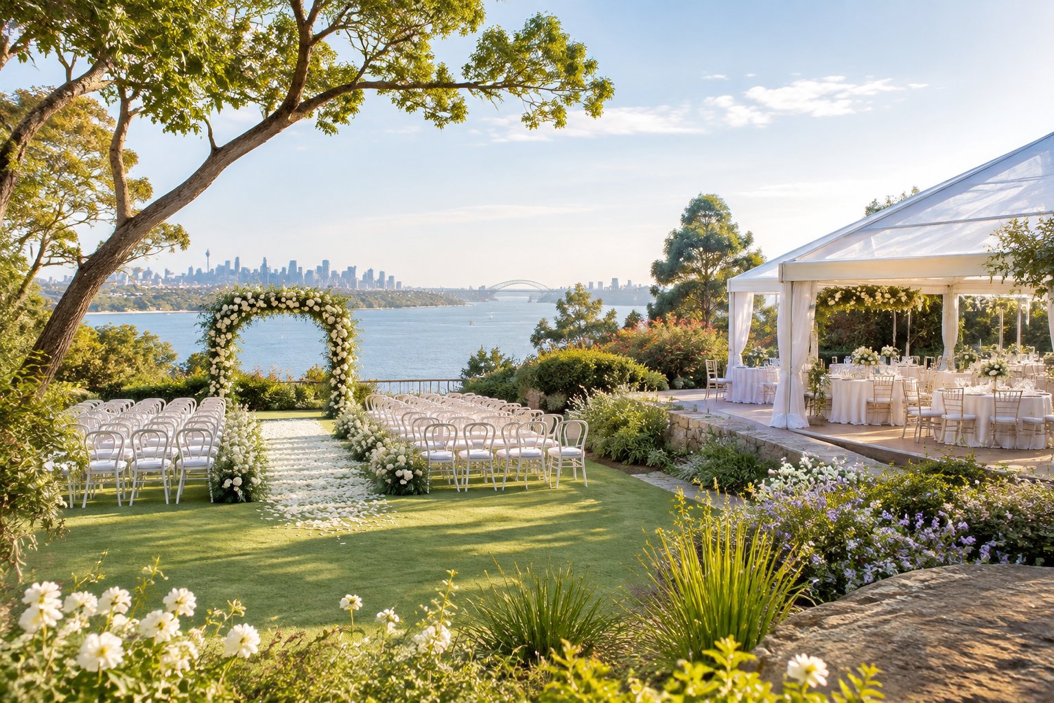 Elegant garden wedding venue with a floral ceremony arch, guest chairs, landscaped lawns, and decorated reception tables.