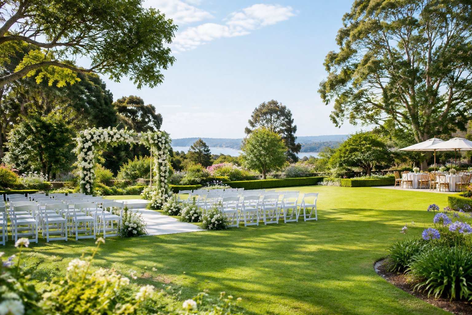 A landscaped garden wedding venue with flower beds, green lawns, a floral ceremony arch, and neatly arranged white chairs.