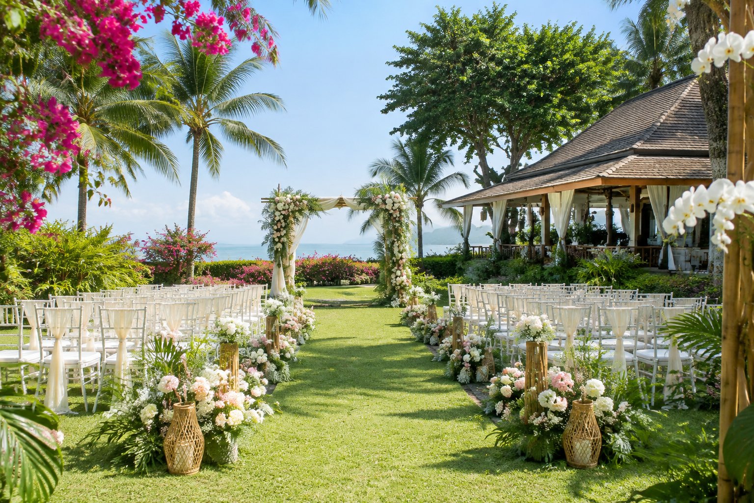 A decorated outdoor wedding ceremony venue surrounded by lush tropical gardens in the Philippines.