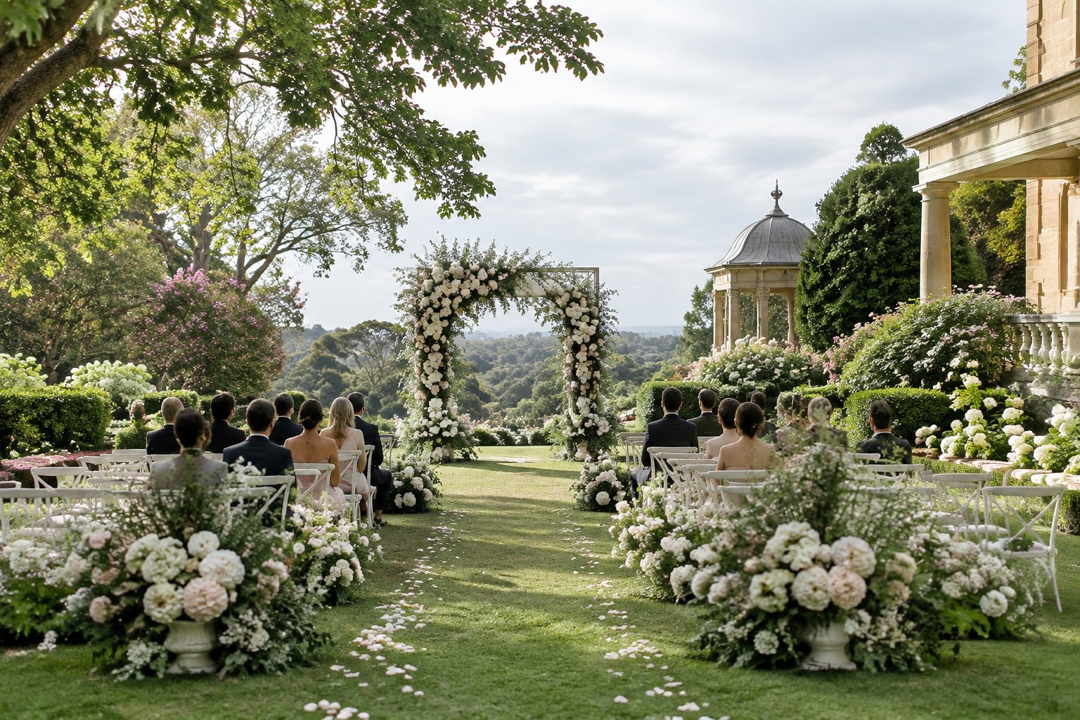 An elegant outdoor wedding ceremony arranged in a lush garden with a floral arbor and distant guests.