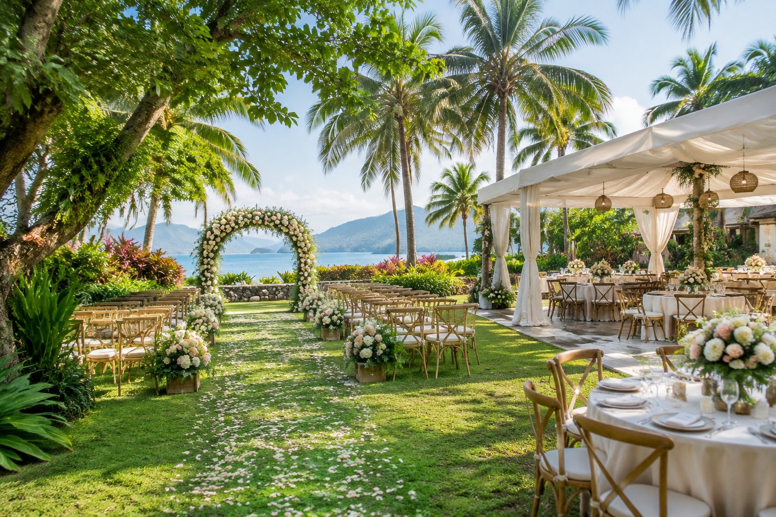 A tropical garden wedding venue with a floral ceremony arch, decorated tables, palm trees, and lush greenery.