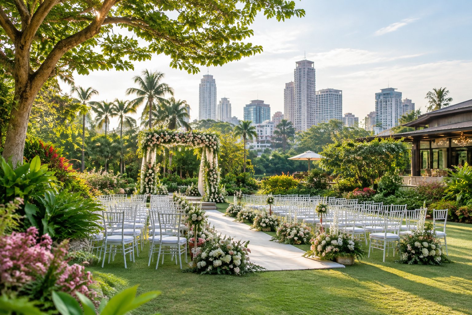 A decorated garden wedding venue with tropical greenery, white ceremony chairs, and a floral arch, with a city skyline visible in the background.