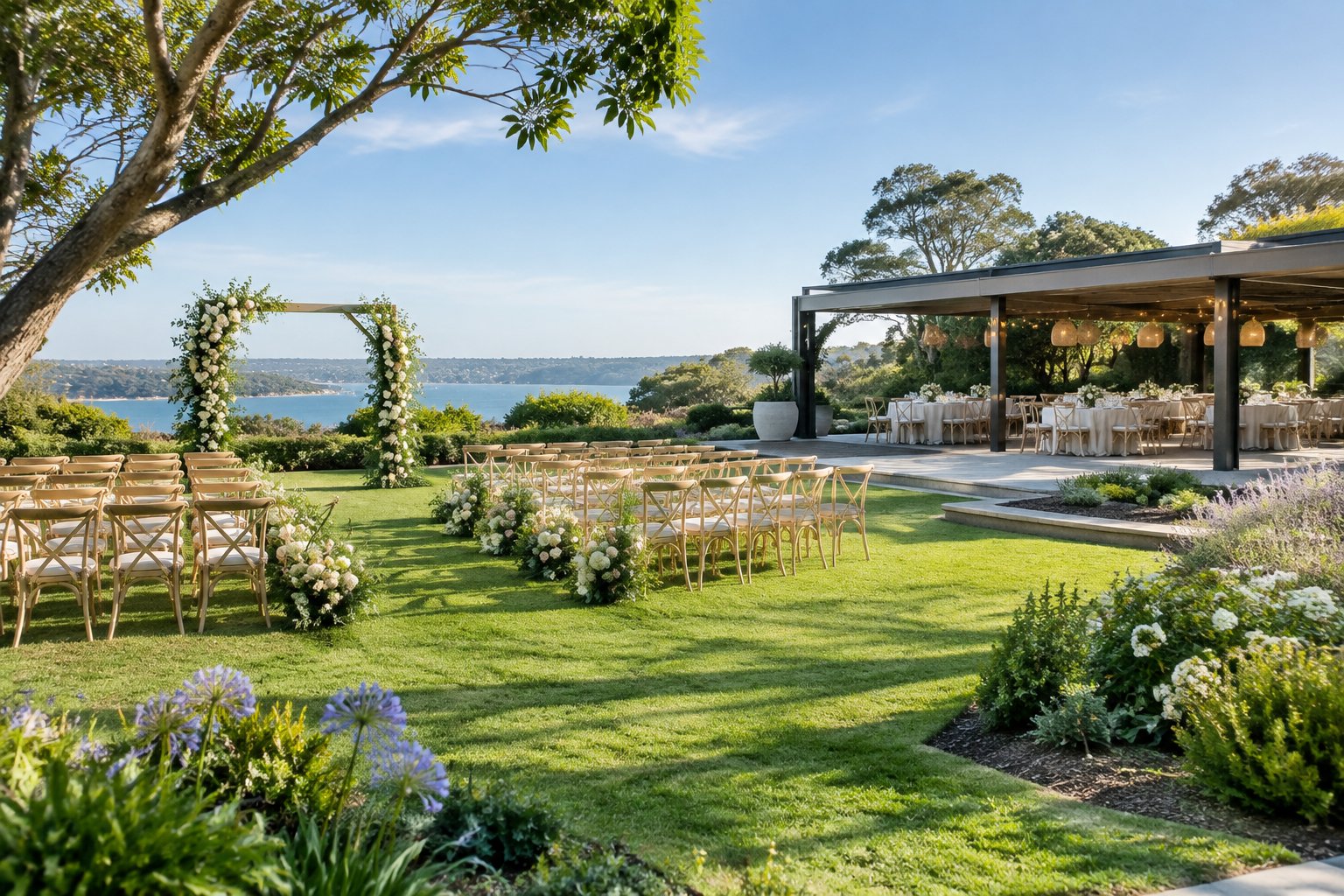 A landscaped garden wedding venue with a floral ceremony arch, guest chairs, and a reception terrace arranged nearby.