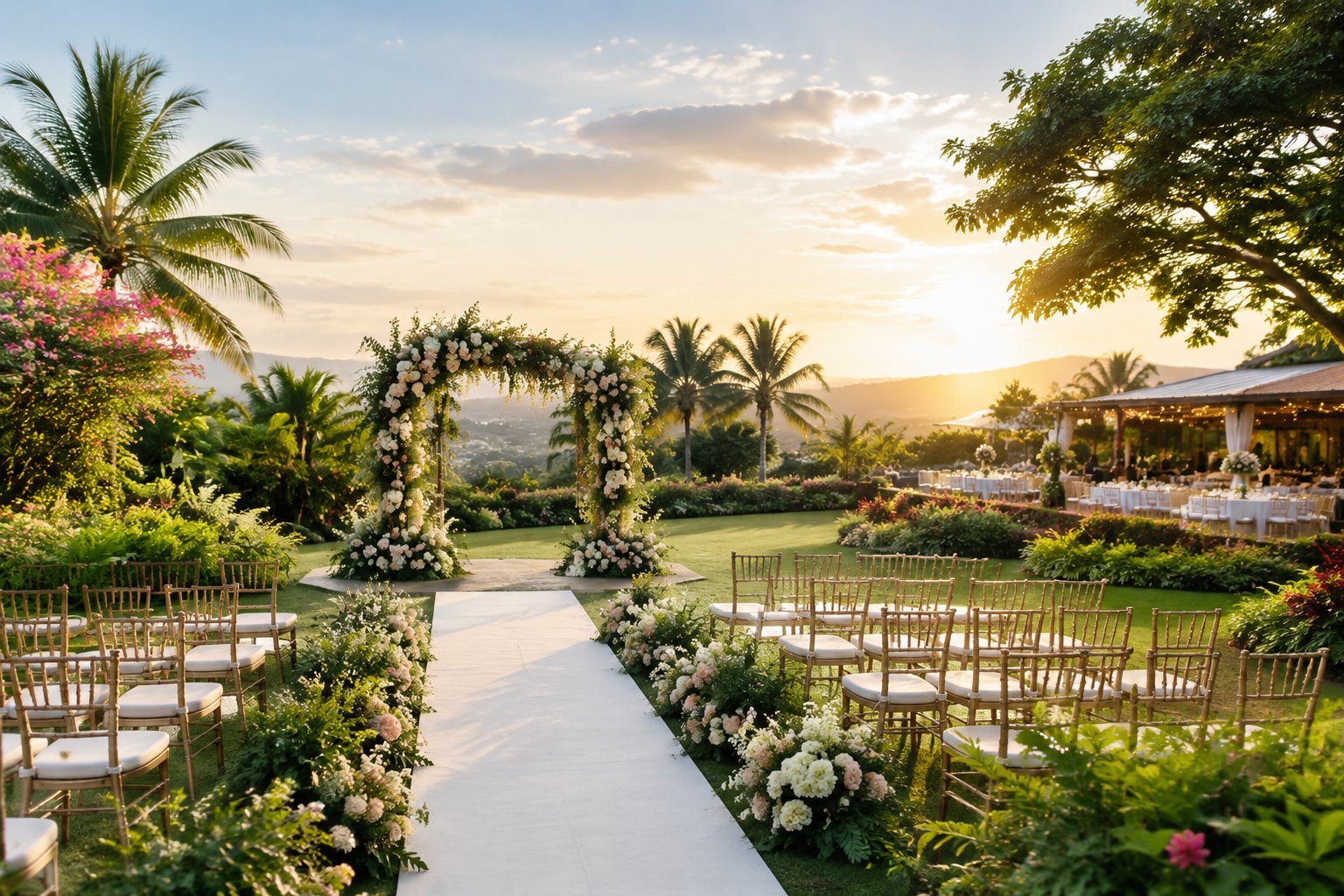 A tropical garden wedding ceremony with a flower-covered arch, white chairs, and lush greenery.