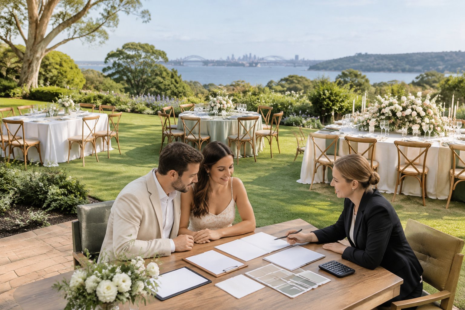 A couple and venue coordinator compare blank wedding package materials beside several garden reception table settings.