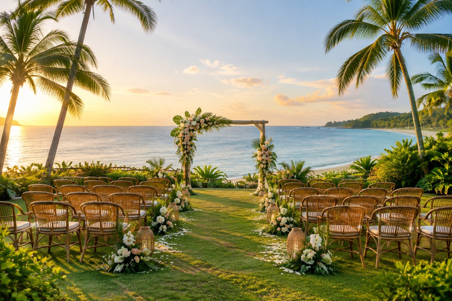 A tropical garden wedding ceremony setup beside a calm Philippine beach at sunset.
