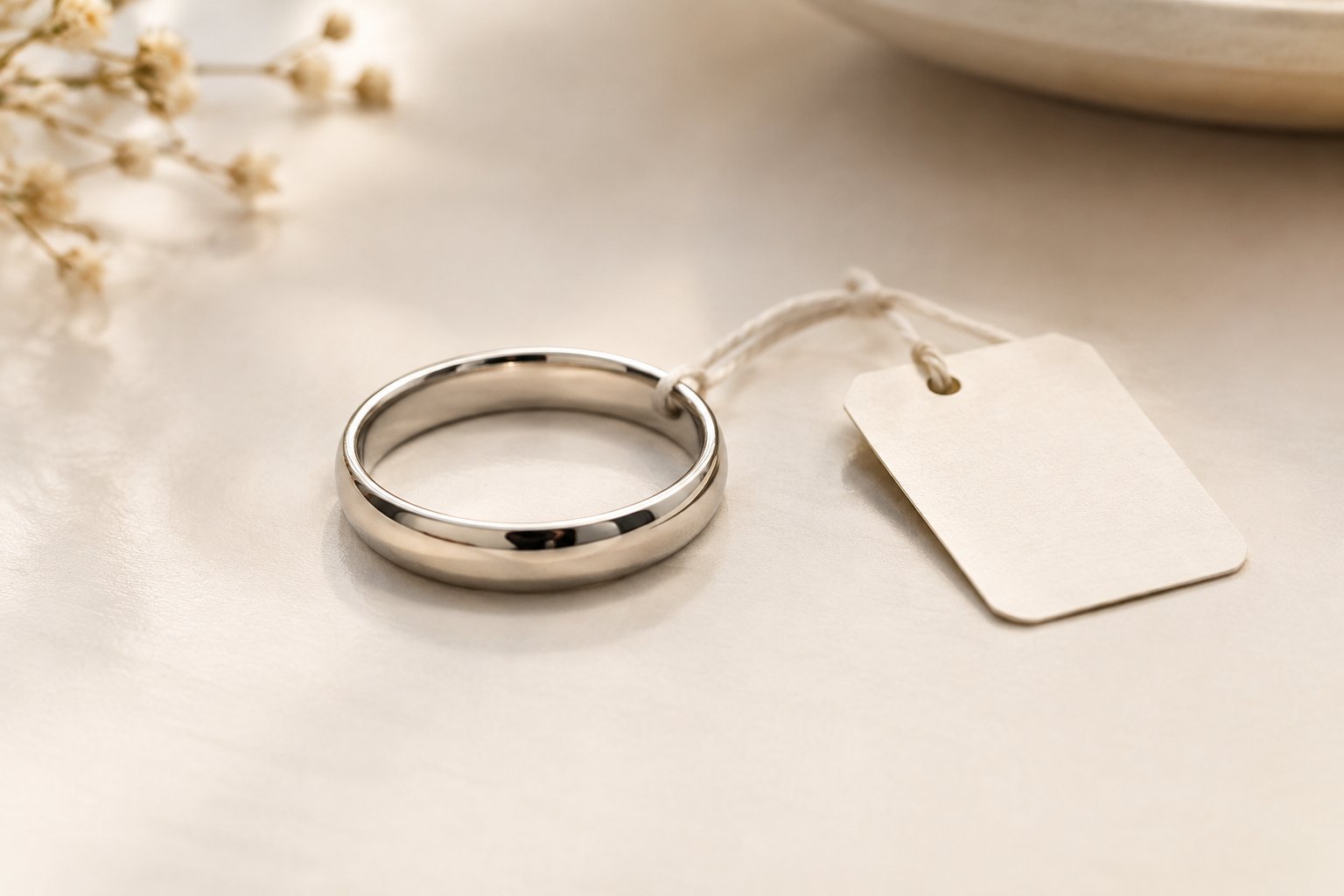 A simple wedding band displayed beside a small price tag.
