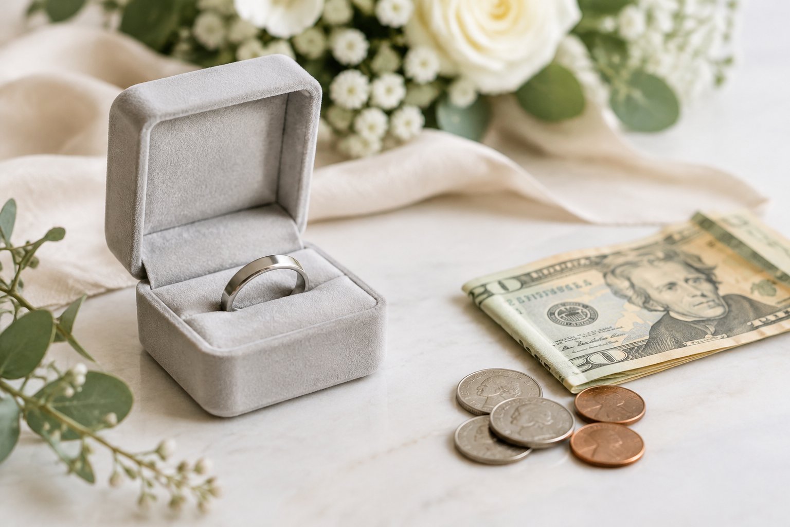 A simple wedding band in an open jewelry box beside coins and a twenty-dollar bill.