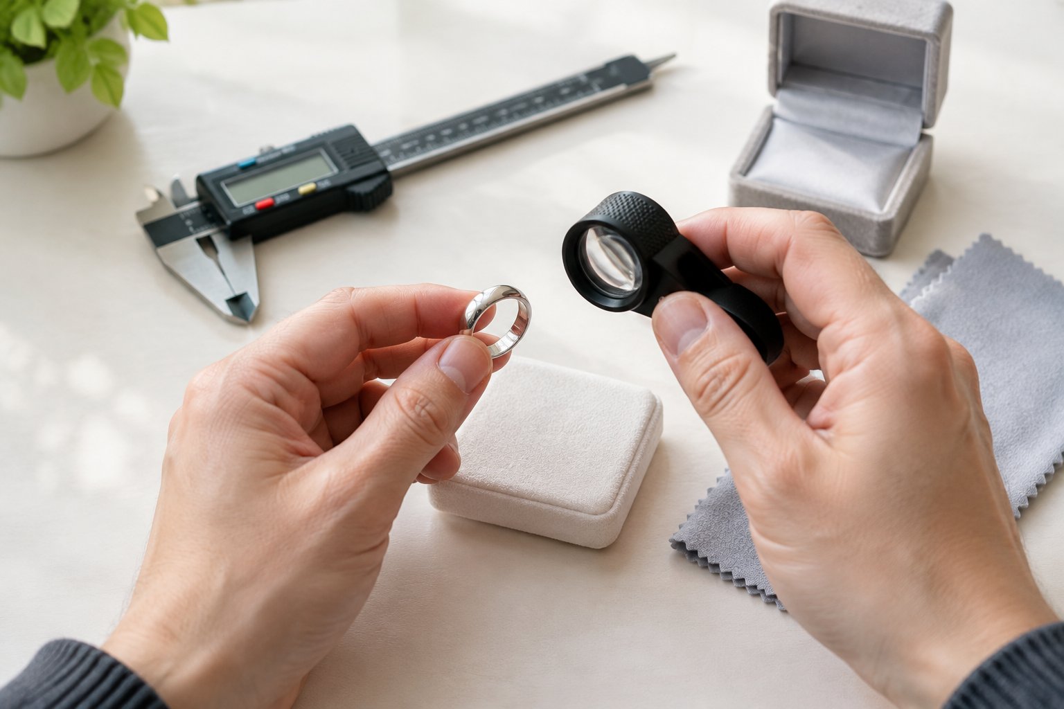 Hands inspect a simple wedding band with a jeweler’s loupe and measuring tool on a tabletop.