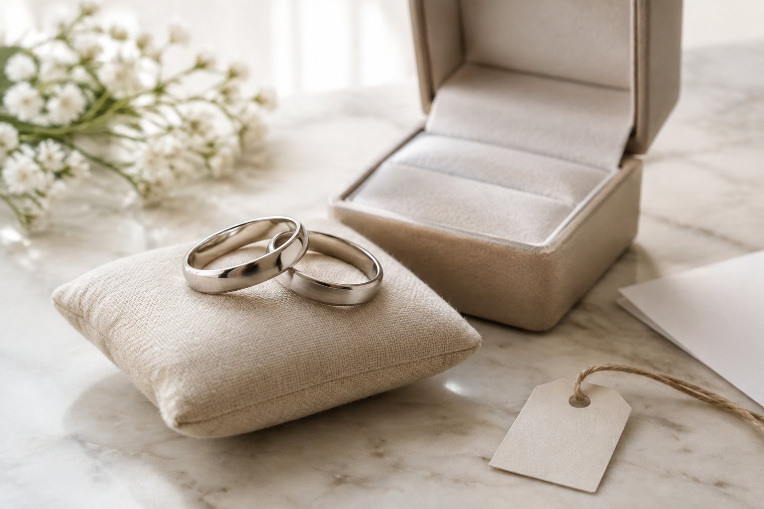 Two simple wedding bands displayed beside an open ring box on a neutral surface.