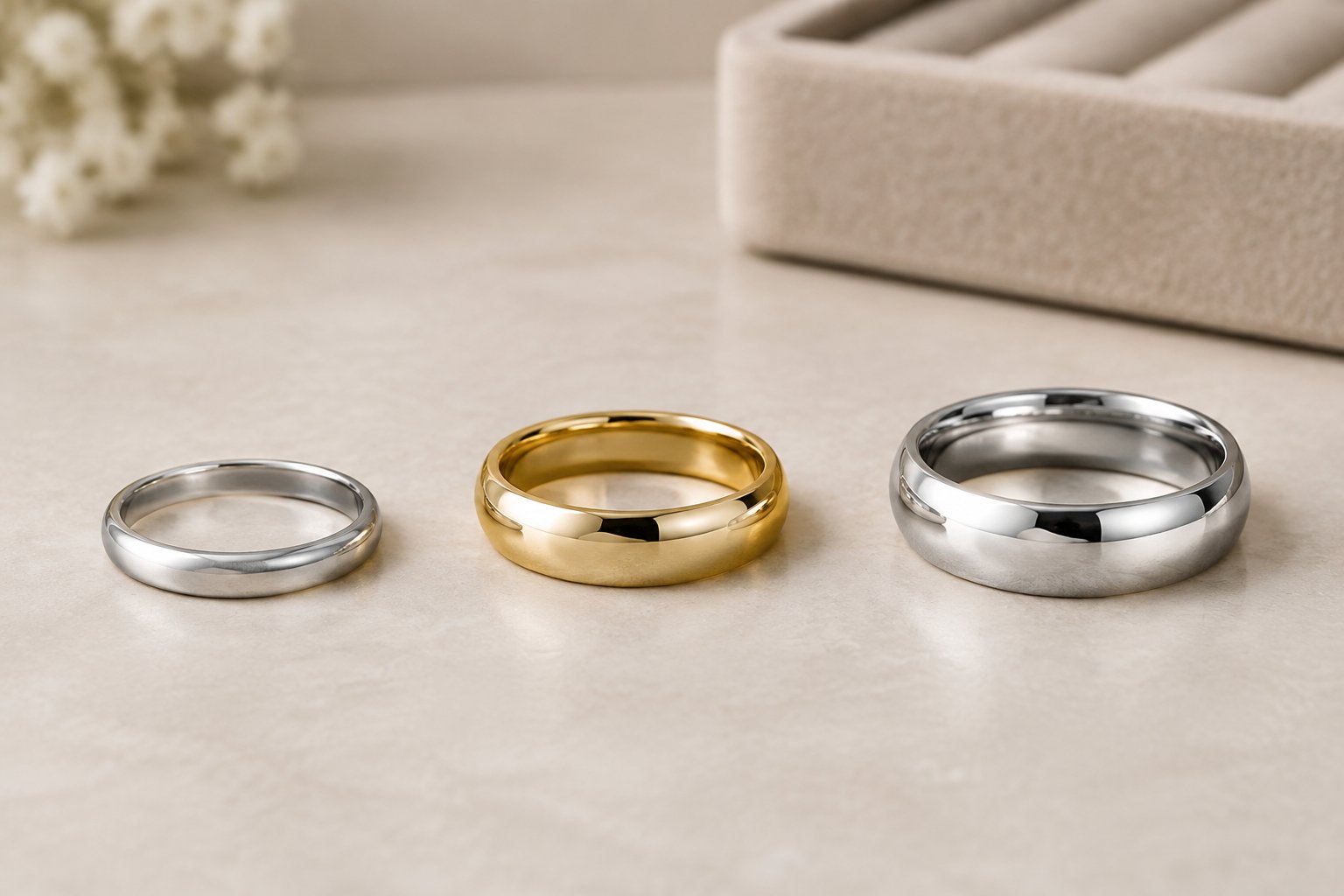 Three plain wedding bands arranged from a simple silver-tone ring to more substantial gold and platinum rings.