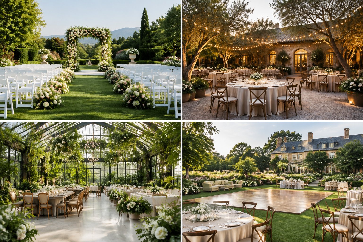 A four-panel view of elegant garden wedding venues with flowers, outdoor seating, reception tables, and greenery.