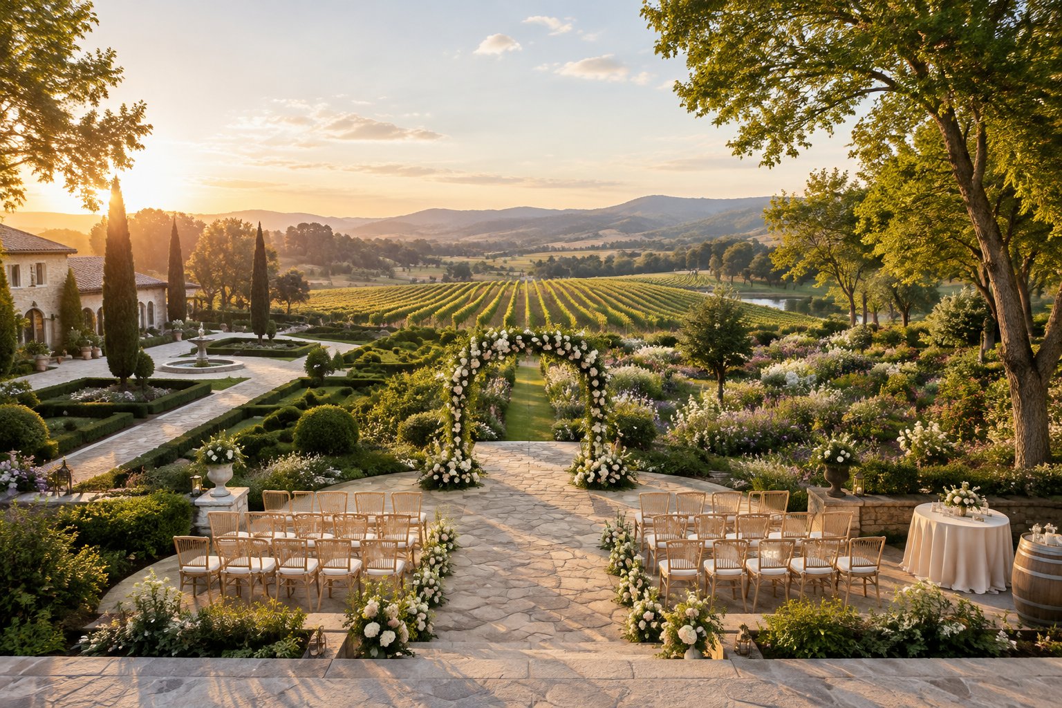 An elegant garden wedding venue combining manicured estate grounds, flowering gardens, a vineyard, and an outdoor ceremony area.