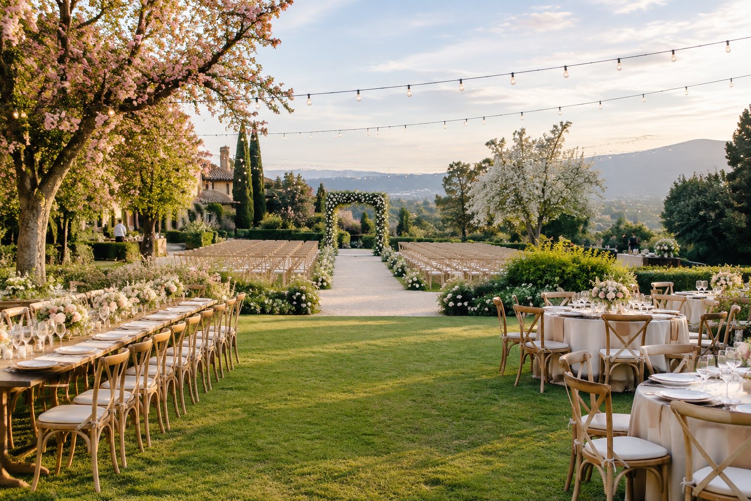 A landscaped garden wedding venue with decorated ceremony seating and reception tables.