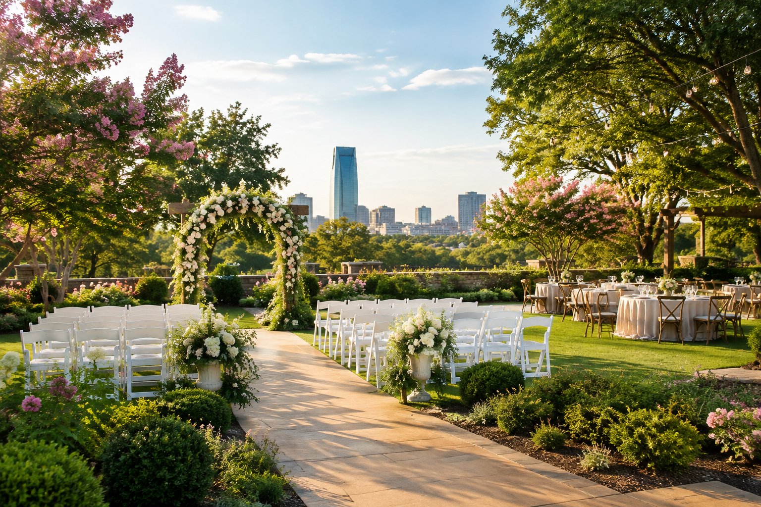 An elegant outdoor wedding ceremony setup in a lush garden with white chairs, flowers, and a decorated arch.