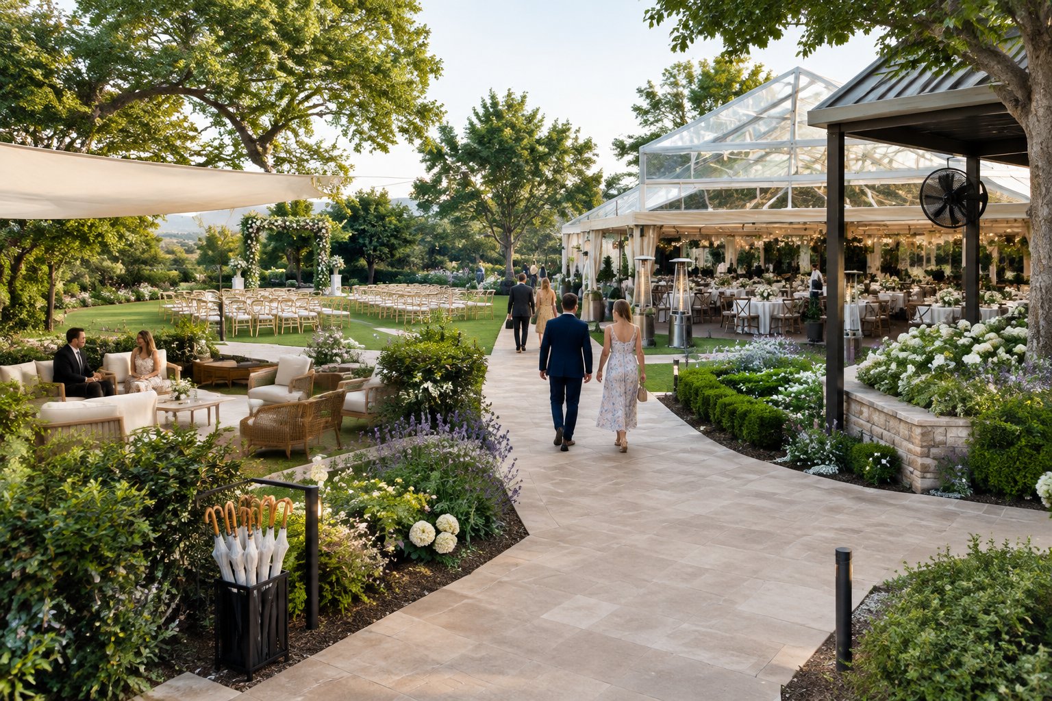Guests move comfortably through a garden wedding venue with shaded seating, covered areas, and clear paths.