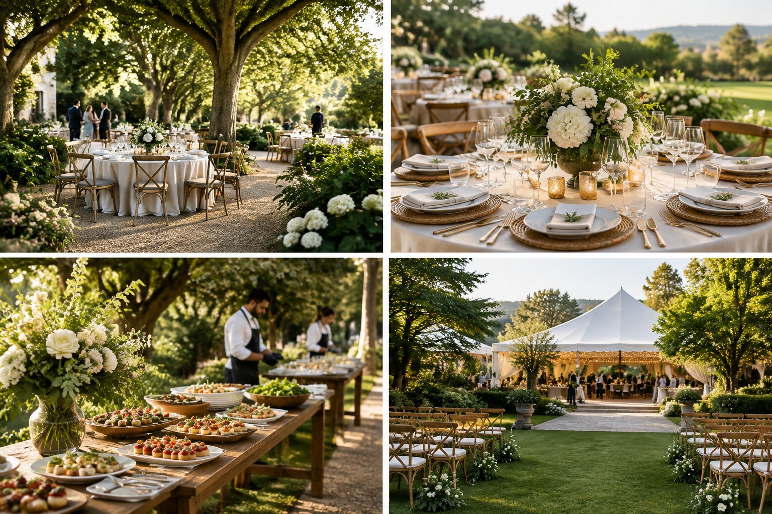 A garden wedding venue with decorated reception tables, catering displays, floral landscaping, and a tented outdoor celebration area.
