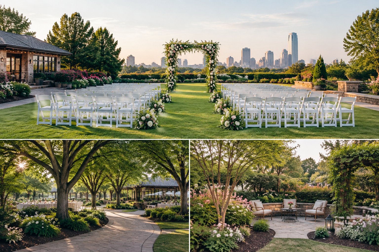 An elegant outdoor wedding ceremony setup in a landscaped garden with chairs, a floral arch, trees, and flowering plants.