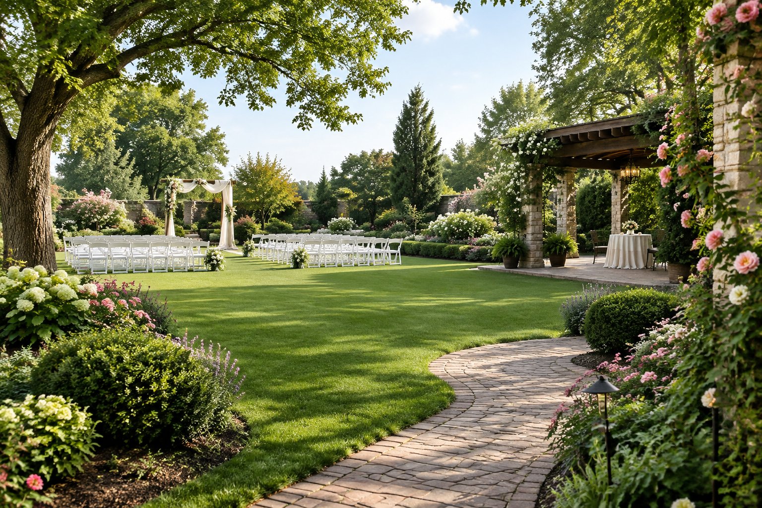 A private garden estate prepared for an outdoor wedding, with flowers, trees, white chairs, and a floral ceremony arbor.