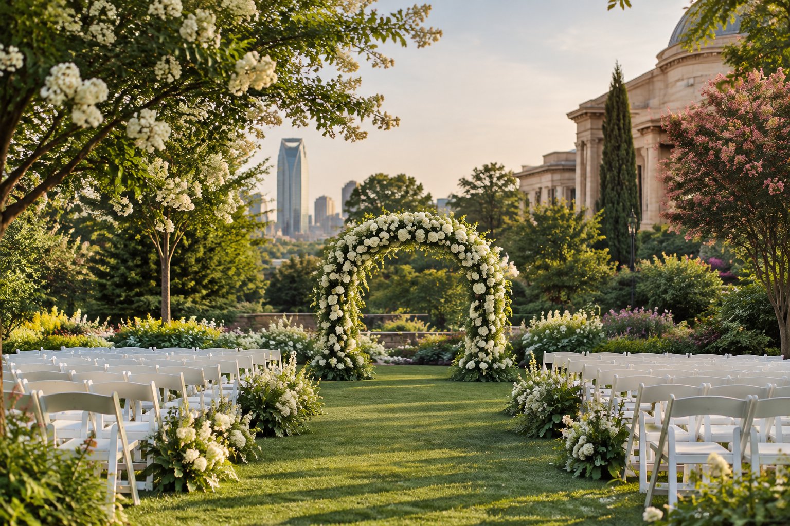 A lush botanical garden wedding ceremony setup with a floral arch, manicured lawn, and a museum-like city building in the background.