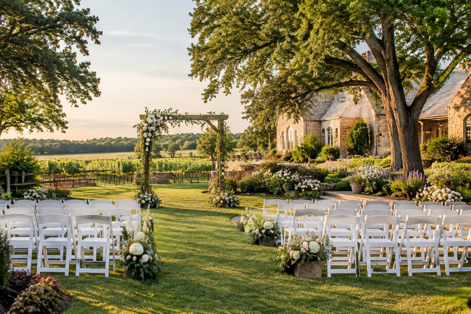 An elegant outdoor wedding ceremony setup in a landscaped garden with vineyard rows and countryside beyond.