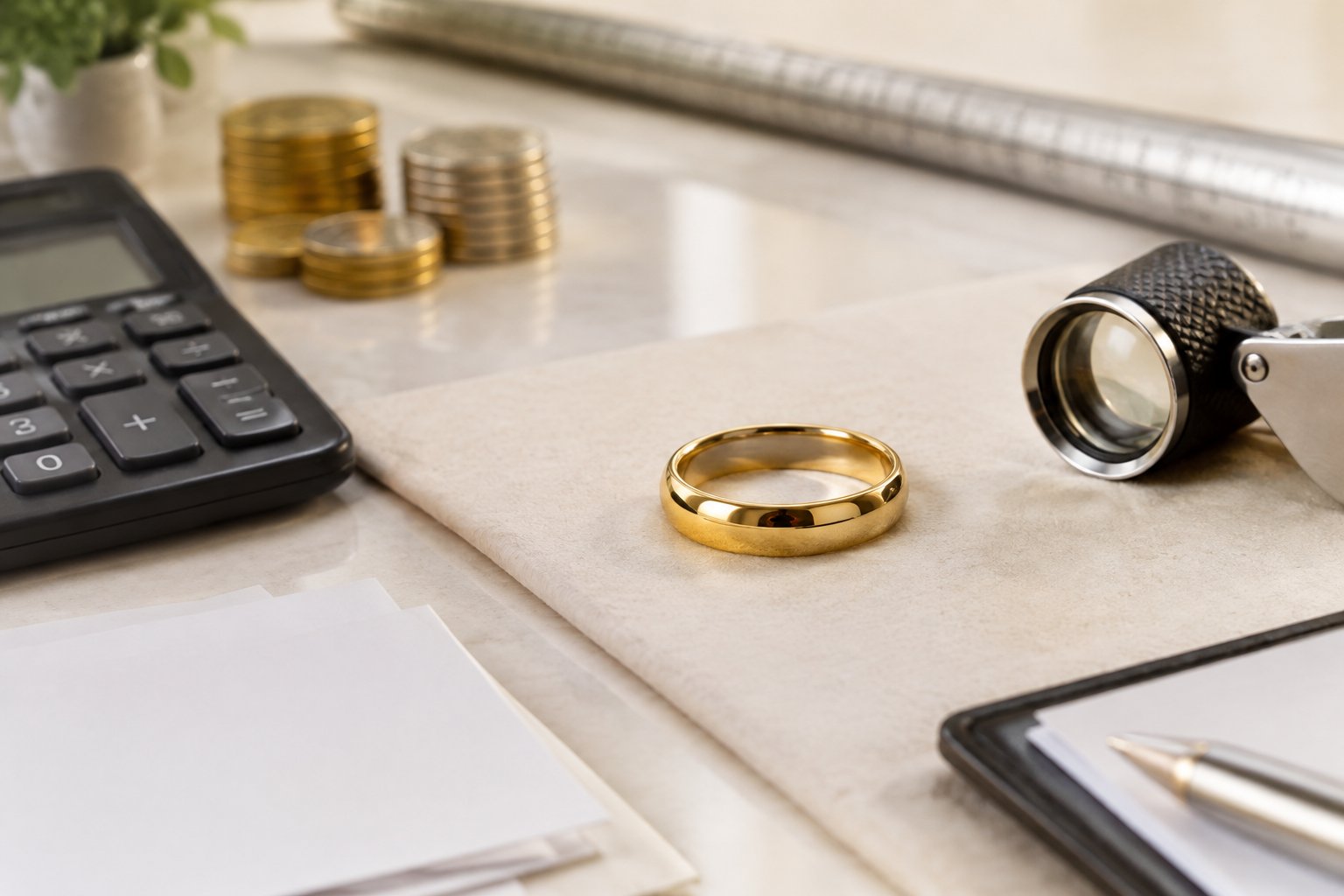 A customer compares yellow, white, and rose gold wedding bands with a jeweler.