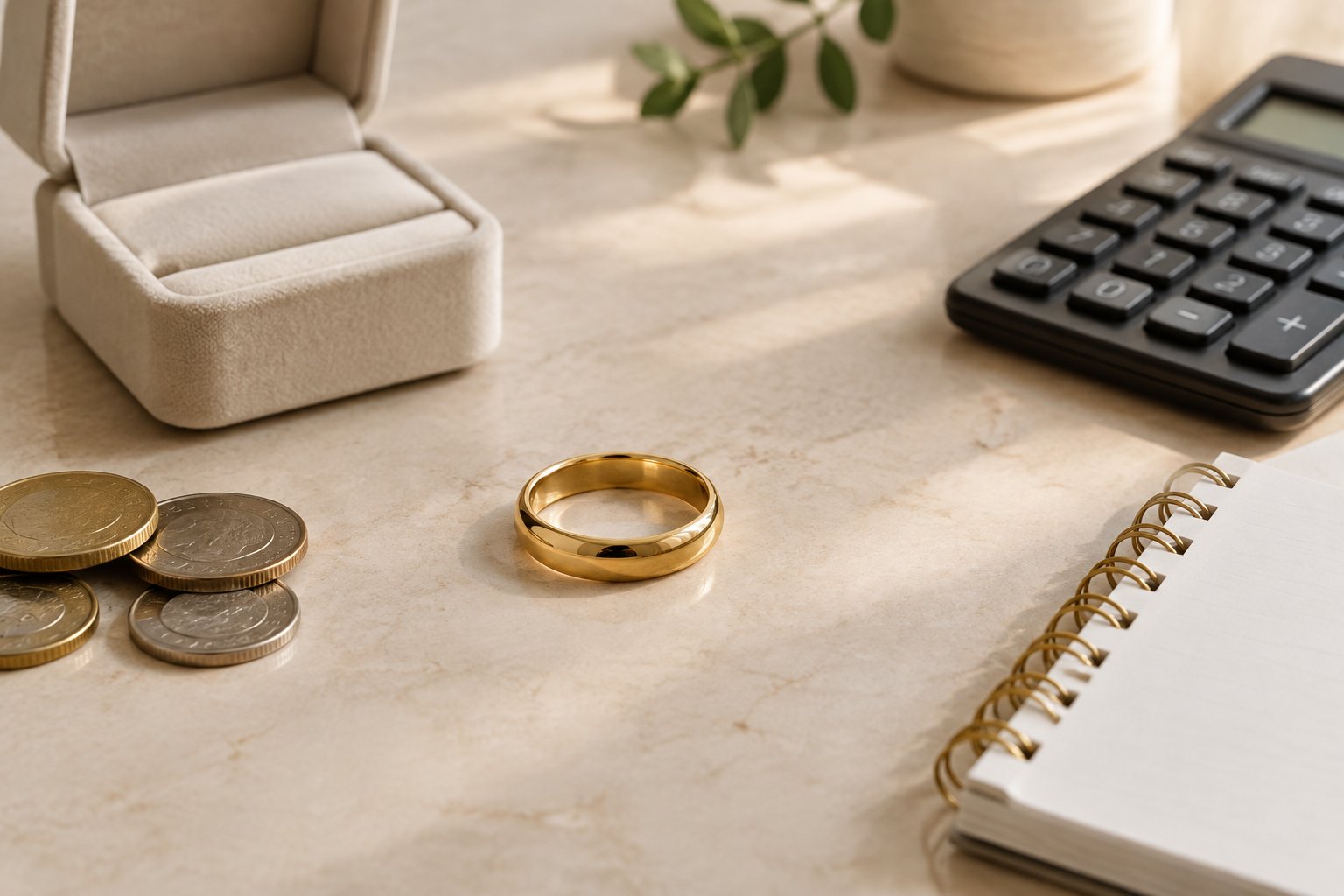 A gold wedding band beside a ring box, calculator, coins, and a blank notebook.