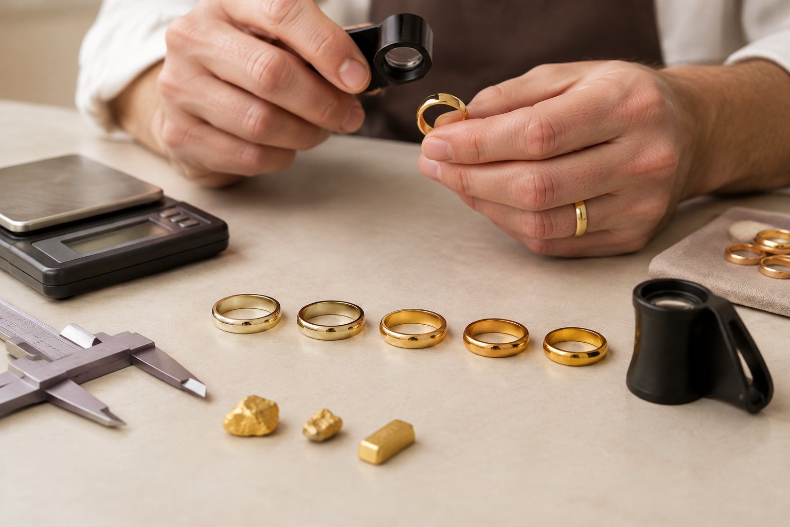 A jeweler compares several gold wedding bands using a loupe and precision tools.