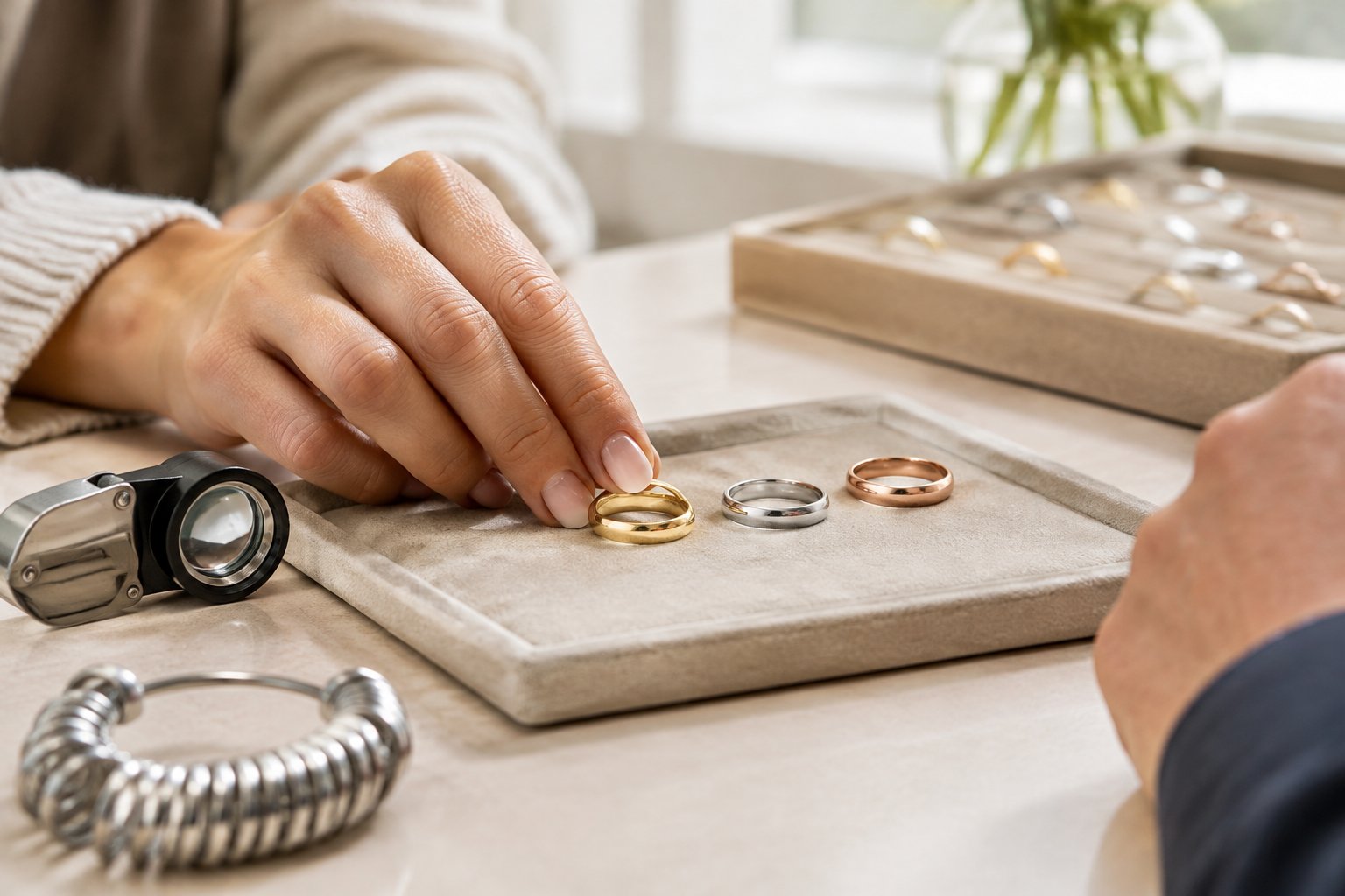 A customer compares yellow, white, and rose gold wedding bands with a jeweler.