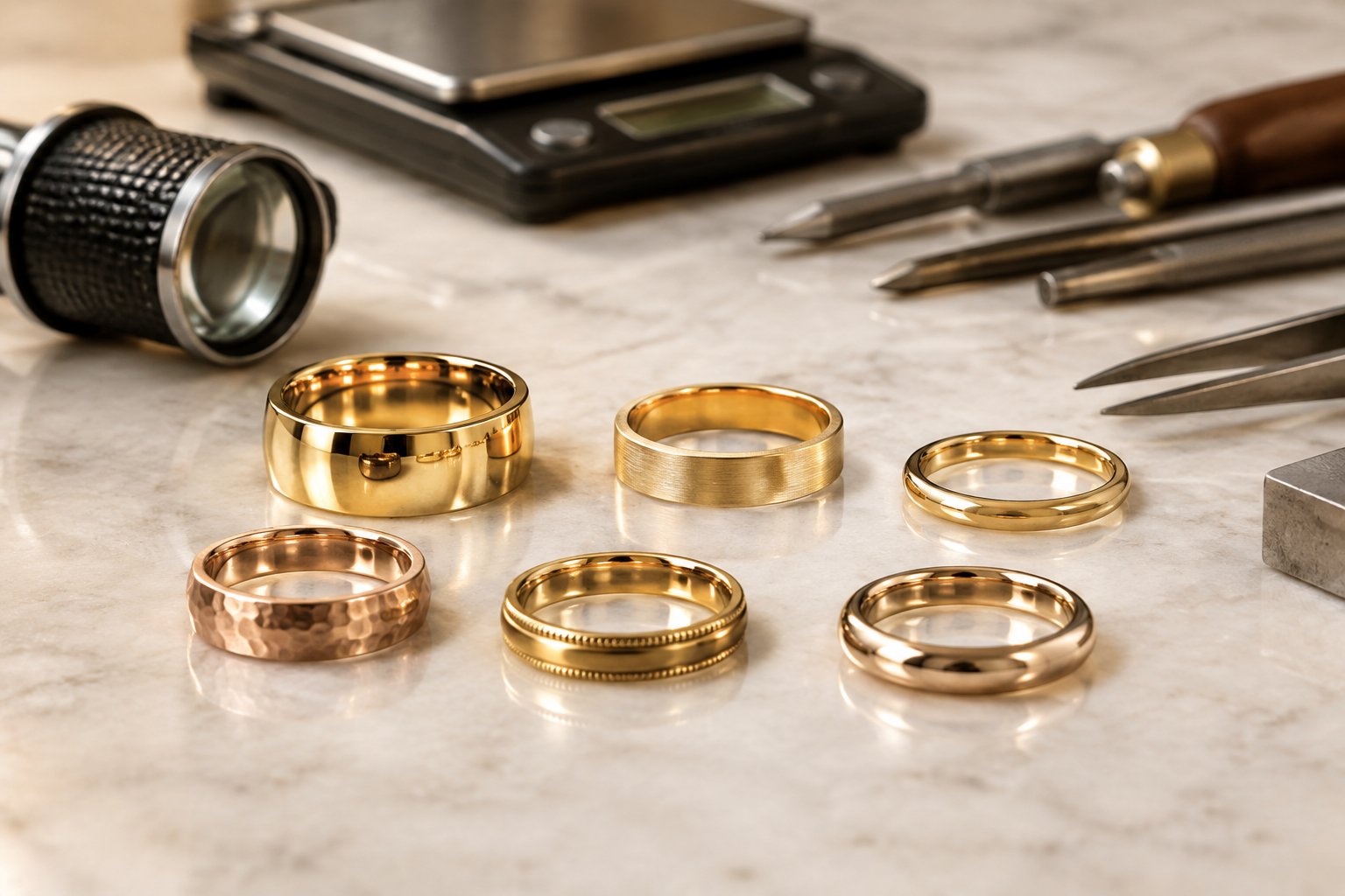 Several gold wedding bands displayed beside jewelry-making tools and a small scale.