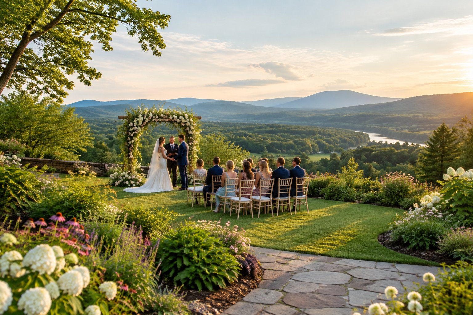 A couple exchanges vows beneath a flower-covered arch in a landscaped garden overlooking green Vermont hills.