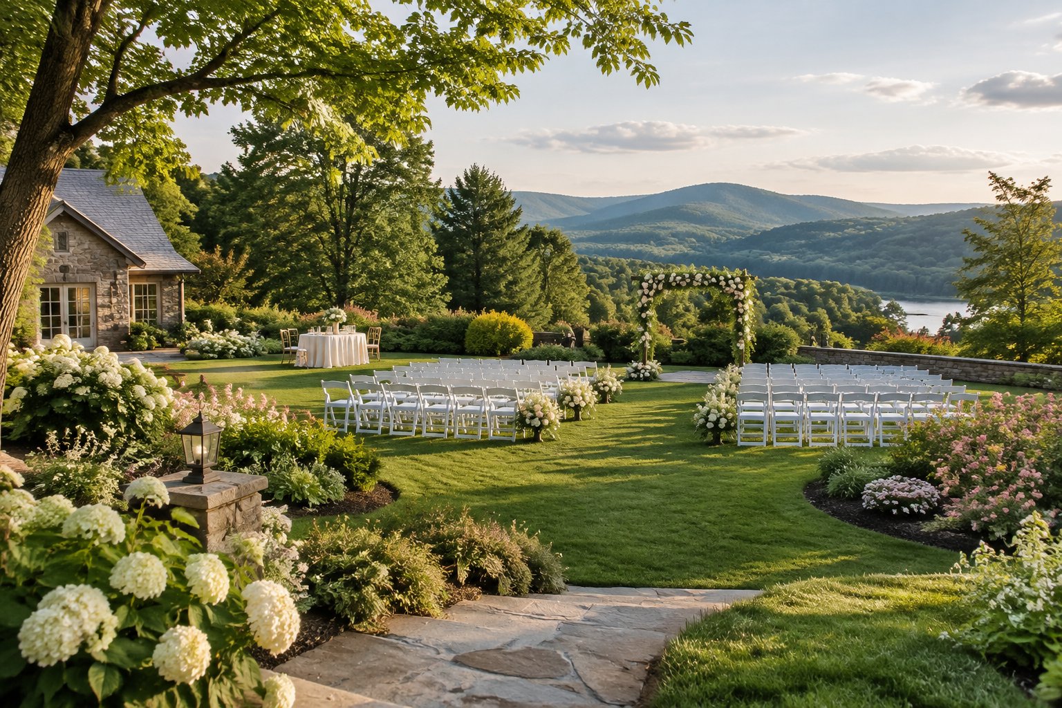A landscaped garden wedding venue in Quechee with flower beds, white chairs, and rolling green hills.