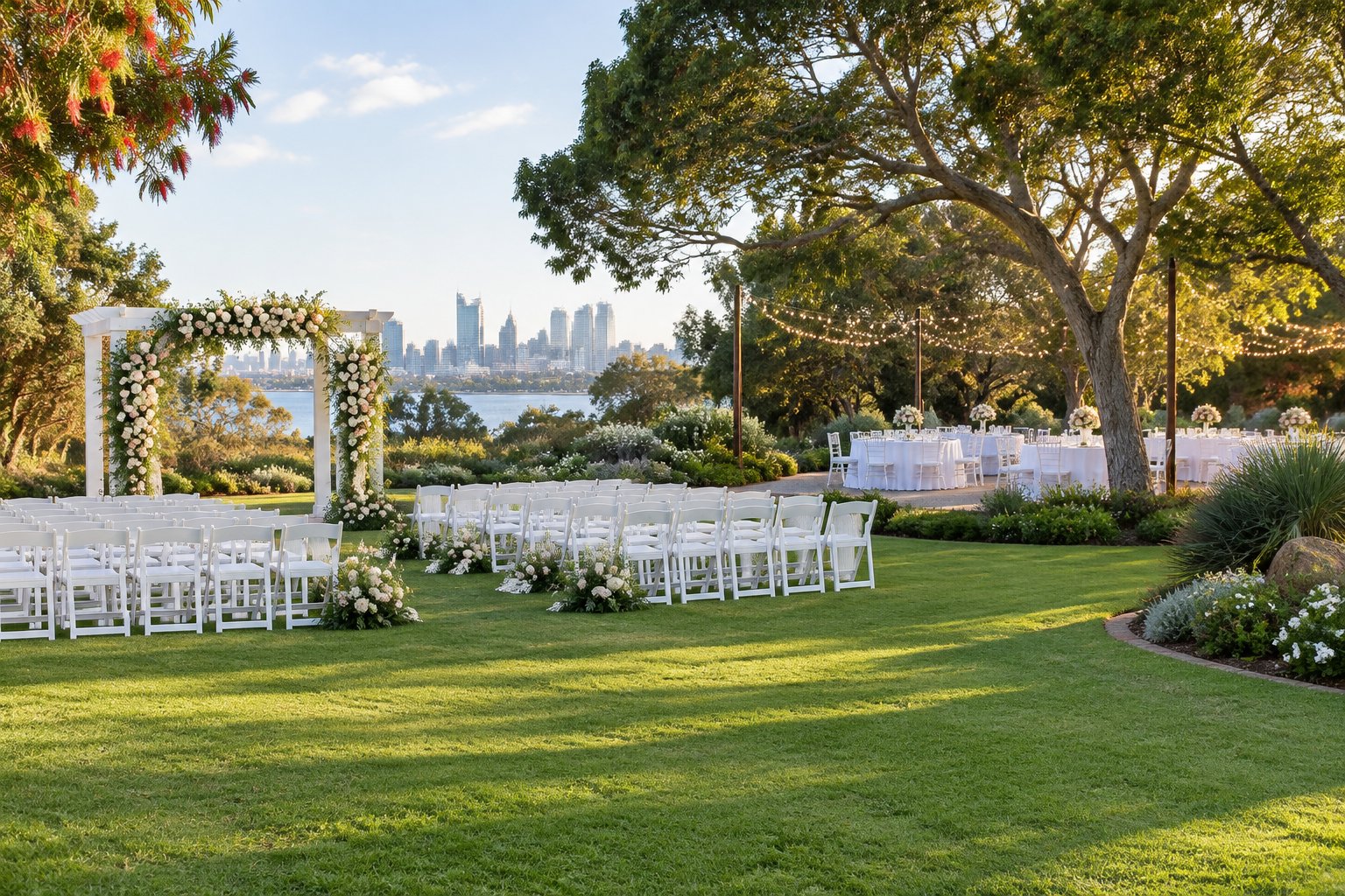 An elegant outdoor wedding ceremony and reception area surrounded by lush gardens and flowering plants.