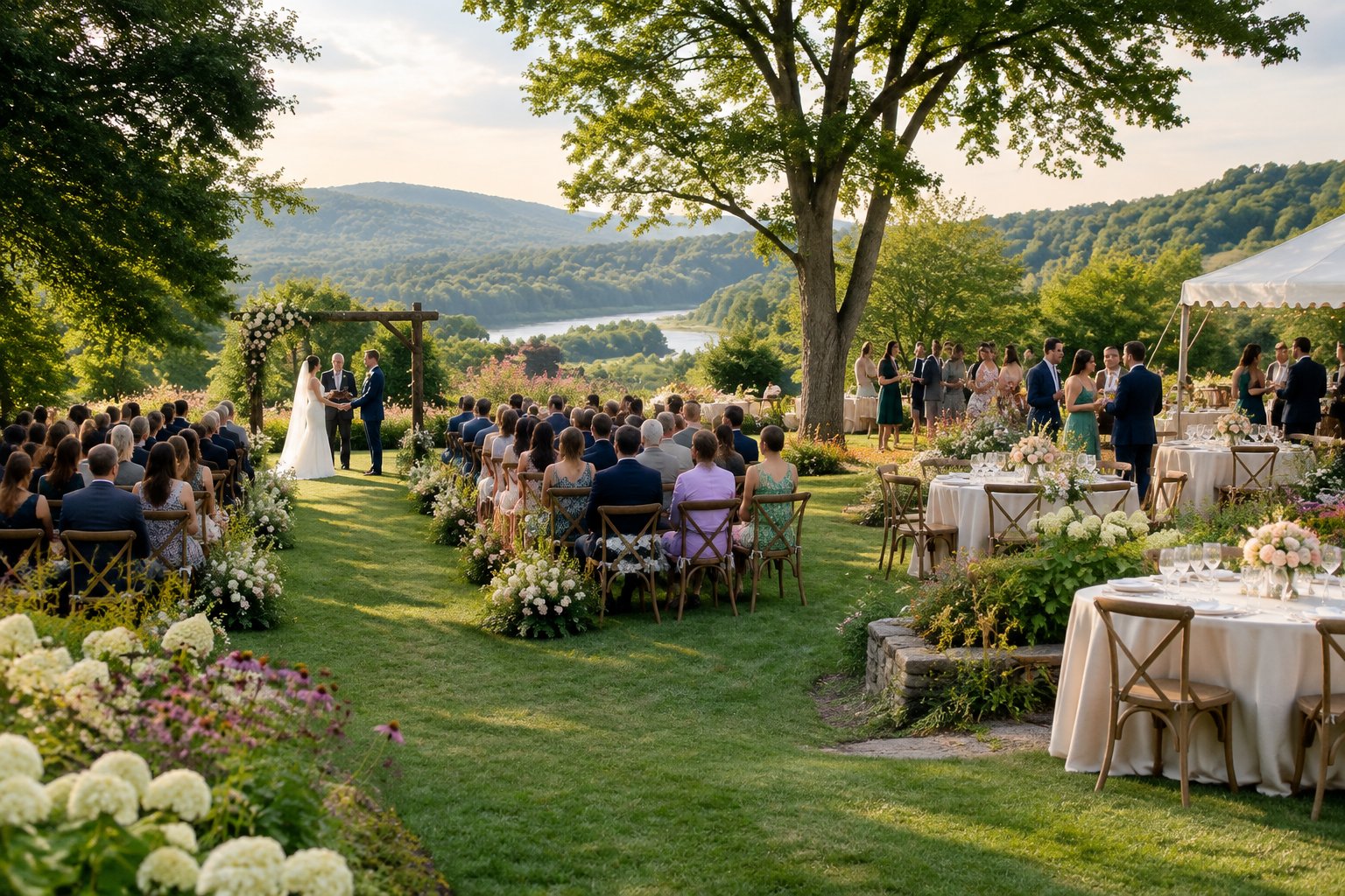 An elegant outdoor wedding ceremony and reception set in a landscaped garden with guests, floral decorations, and surrounding Vermont countryside.