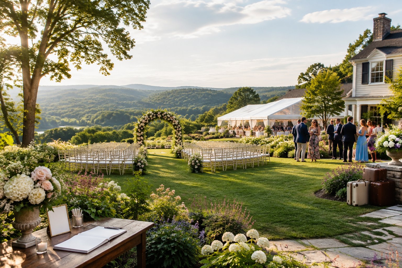 An elegant outdoor wedding ceremony set in a flower-filled garden with a tented reception area and green countryside beyond.