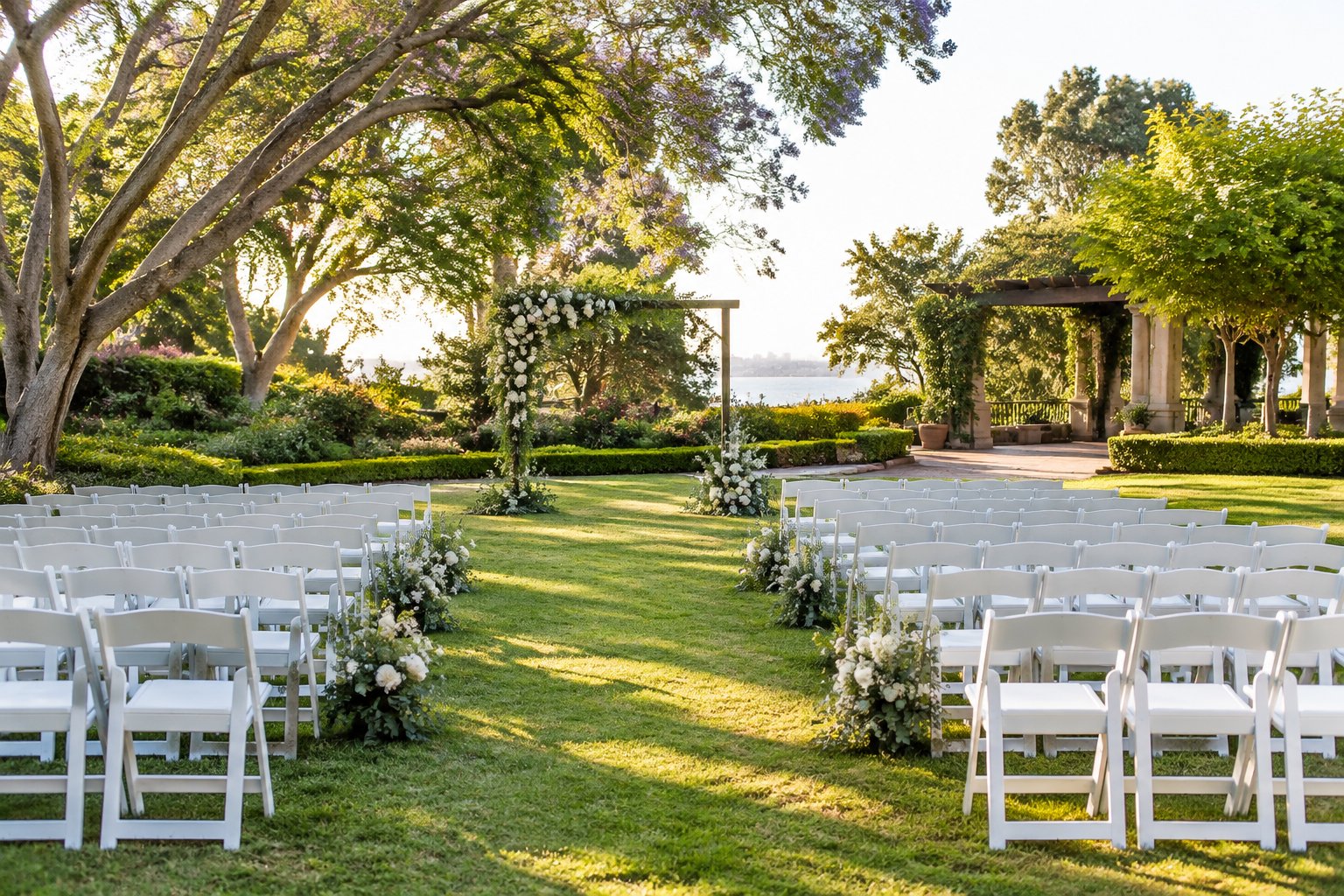An elegant outdoor wedding ceremony setup in a lush Perth garden with white chairs, flowers, and a landscaped lawn.