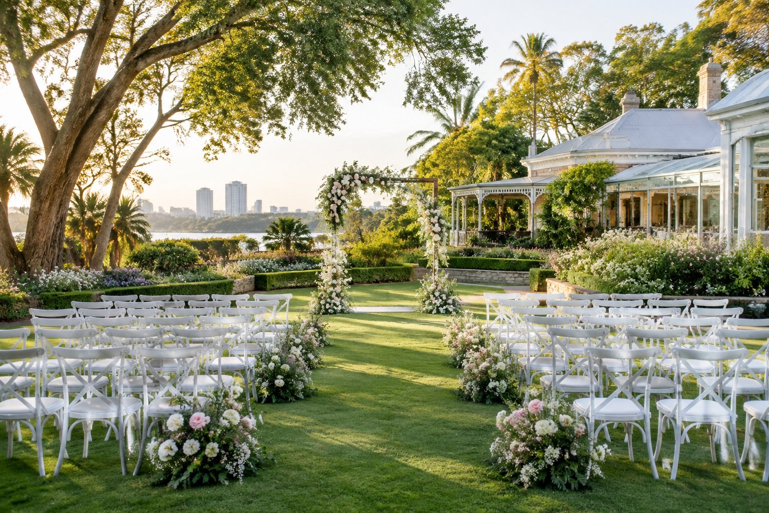 Elegant garden wedding venue with white ceremony chairs, floral decorations, and lush landscaped grounds.