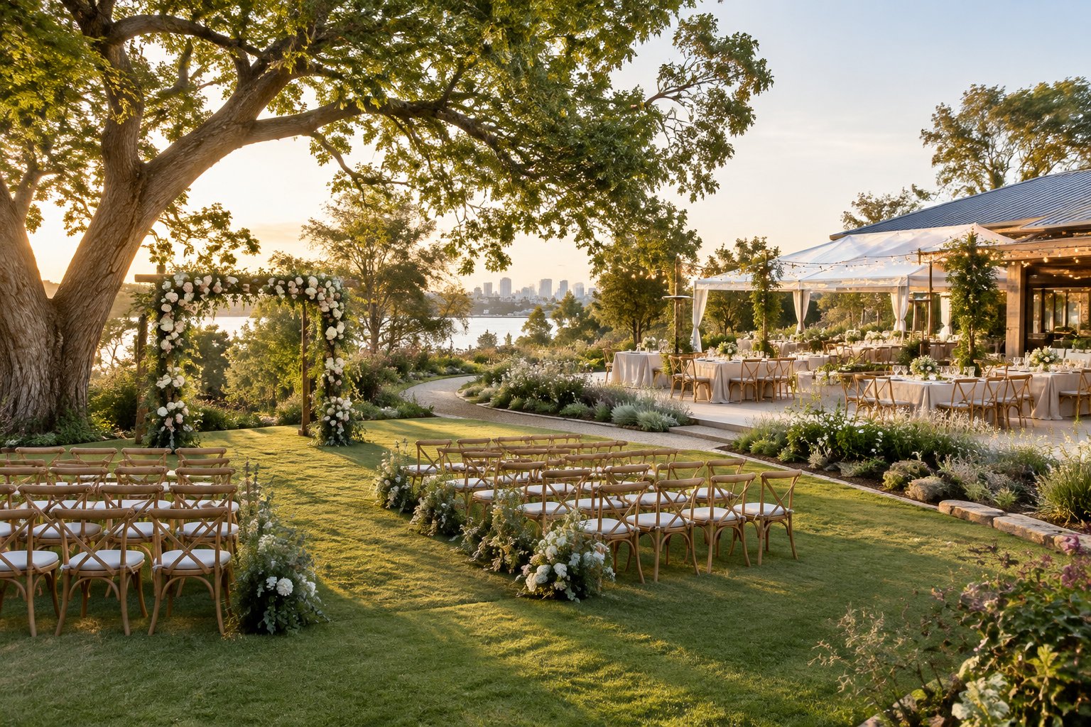A landscaped garden wedding venue with a ceremony setup and nearby outdoor reception tables.