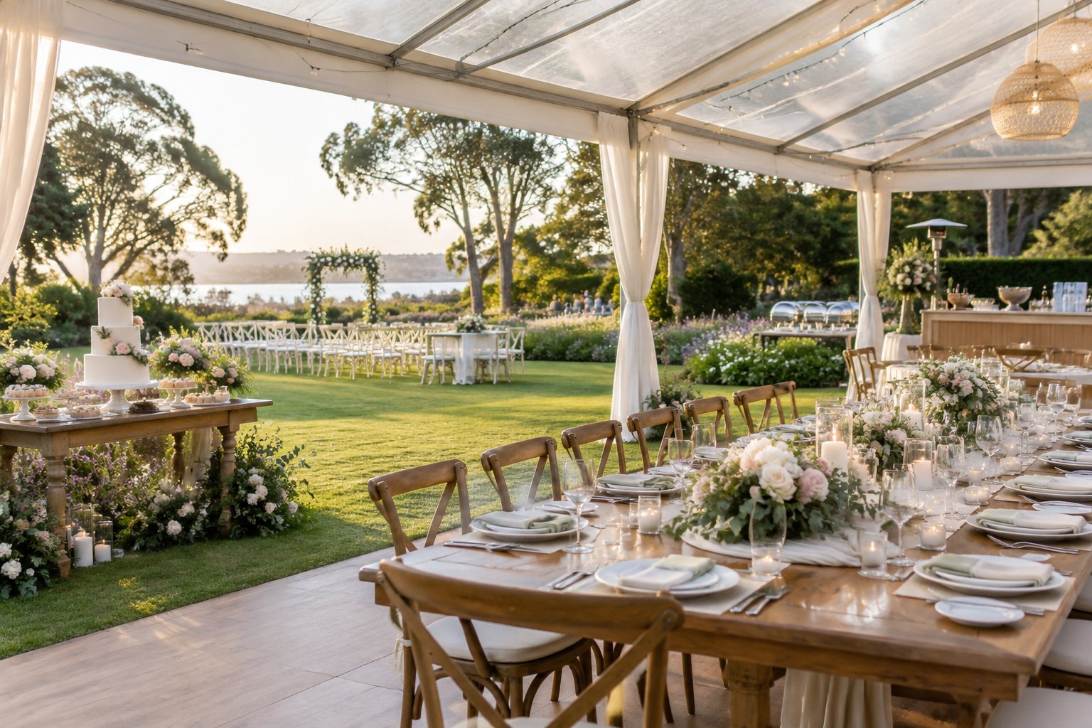 An elegant outdoor wedding reception set up in a lush garden with decorated tables, floral arrangements, chairs, and catering details.