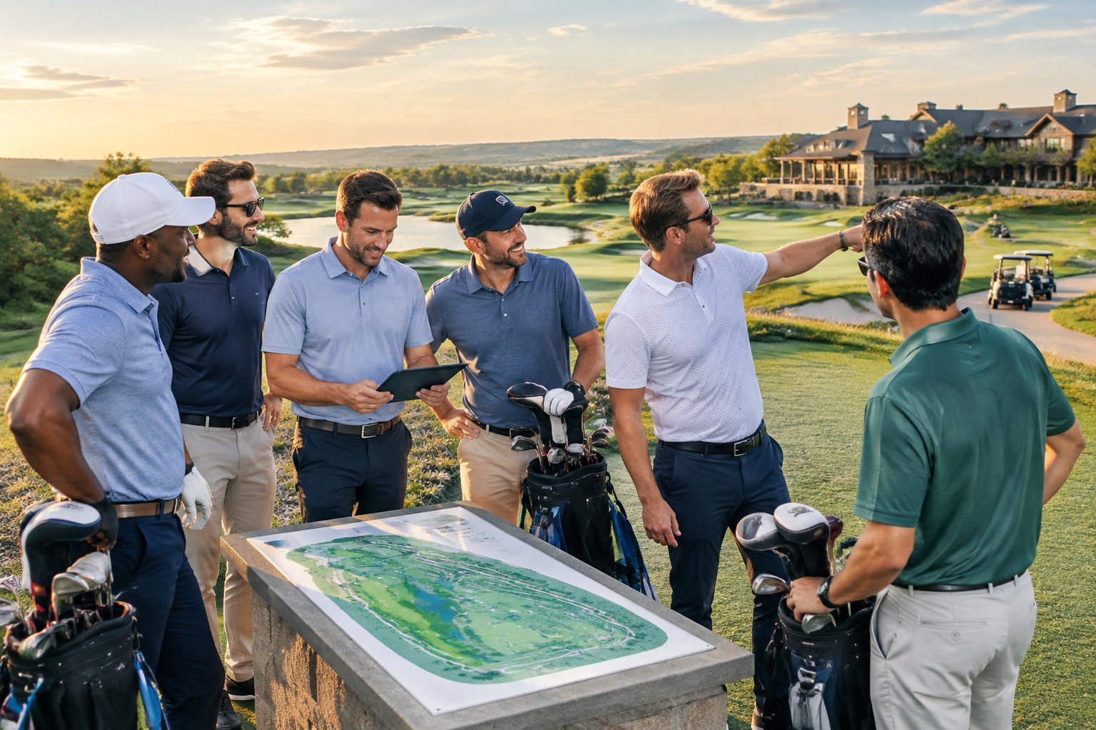 A group of friends discusses golf trip options beside a scenic resort course.