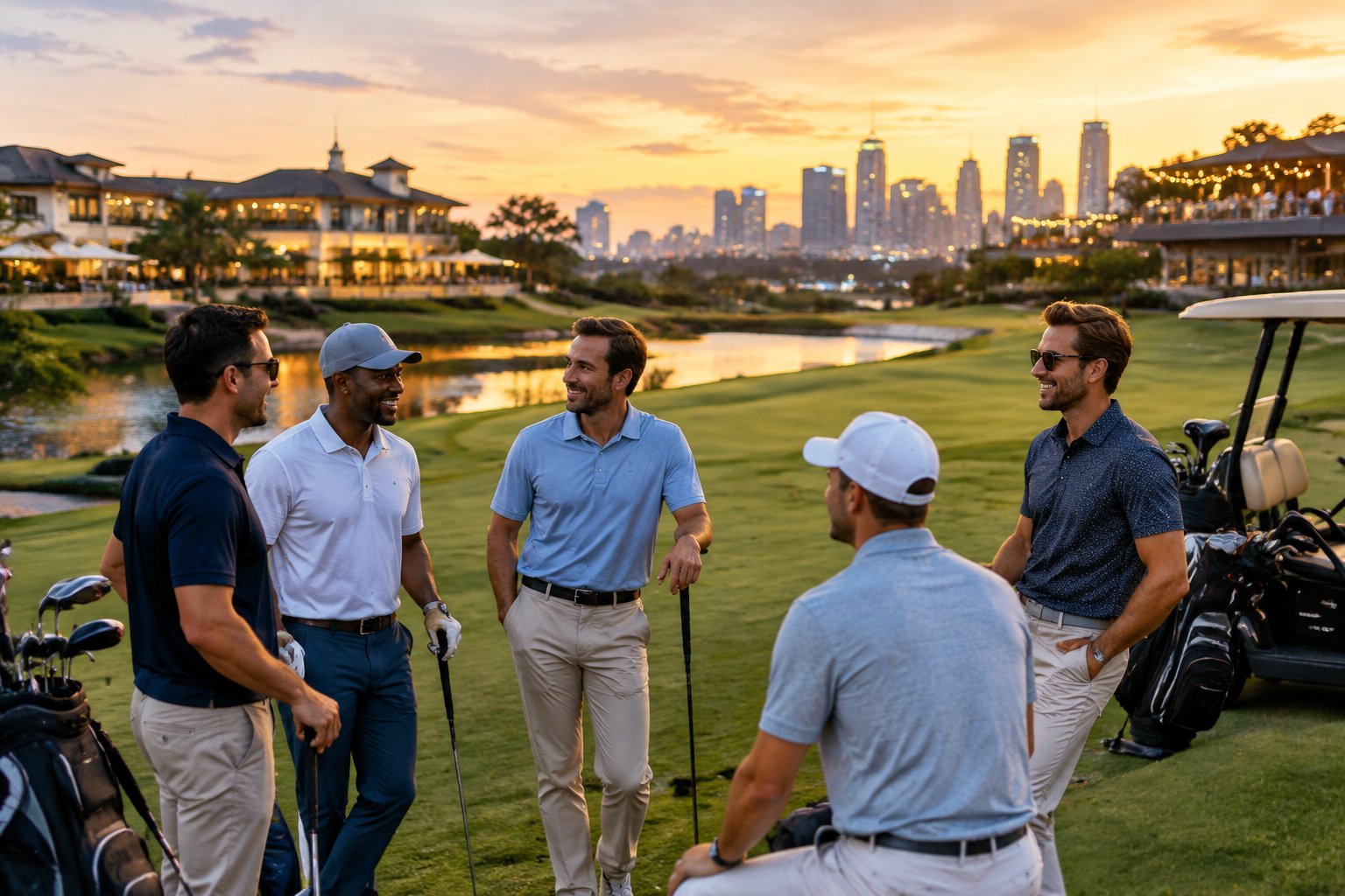 A group of friends in golf attire gathers beside a golf course and resort with a city nightlife scene in the background.