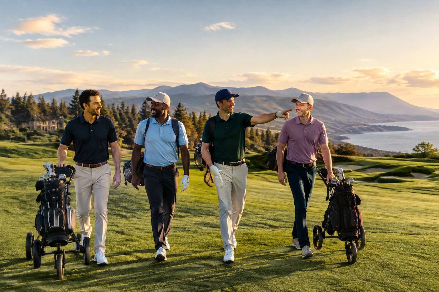 Four friends walk together with golf bags along a scenic resort golf course.