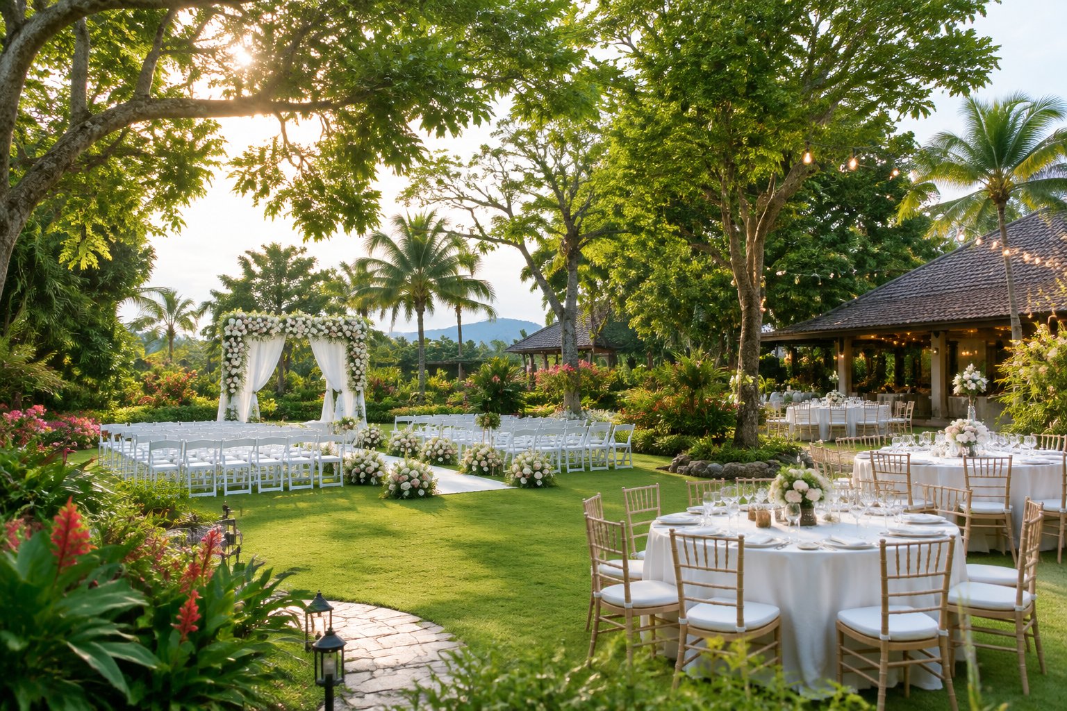 A lush tropical garden wedding venue with a flower-decorated arch, white chairs, and decorated reception tables.