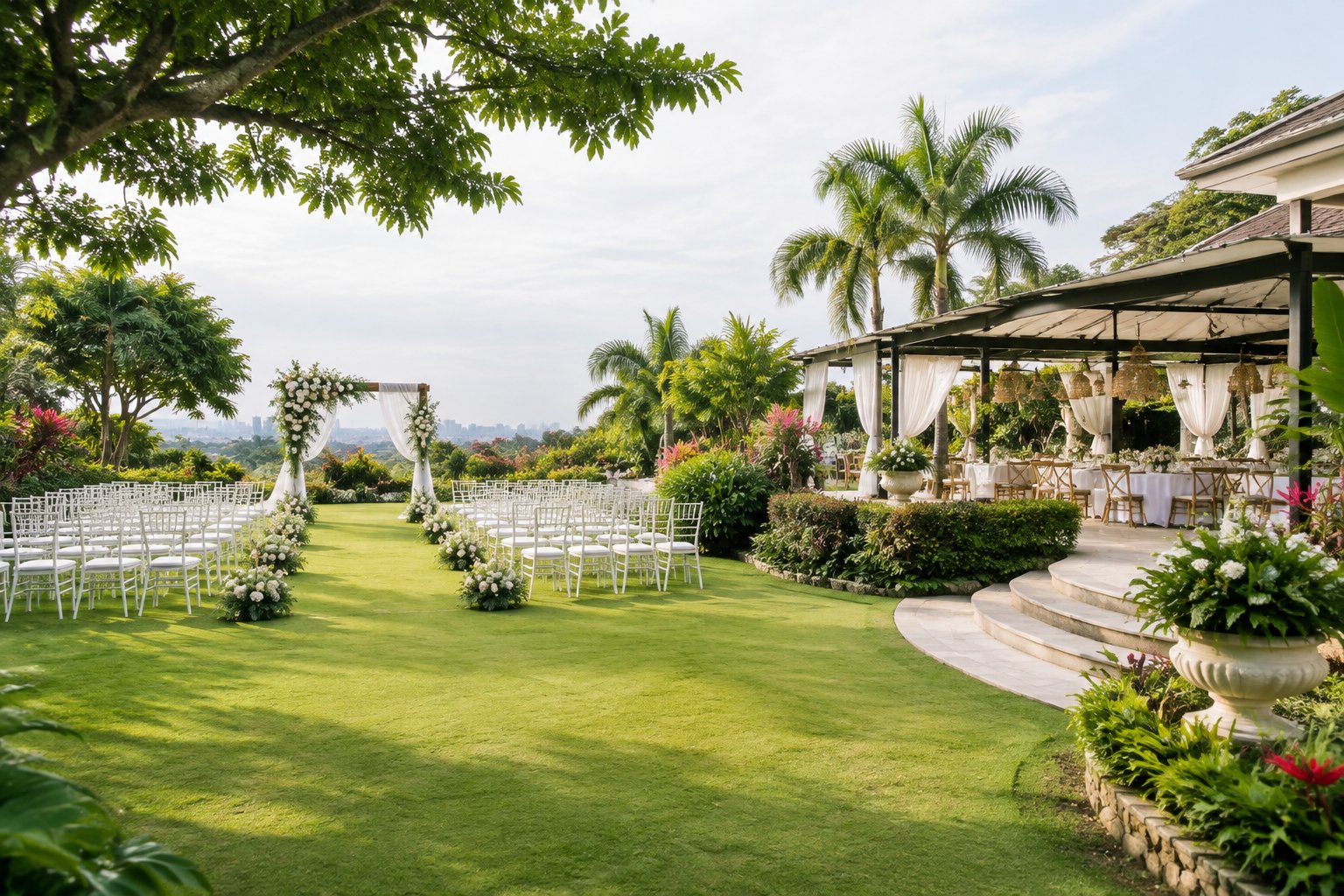 A lush tropical garden wedding venue with white chairs, a floral arch, and an outdoor reception area.