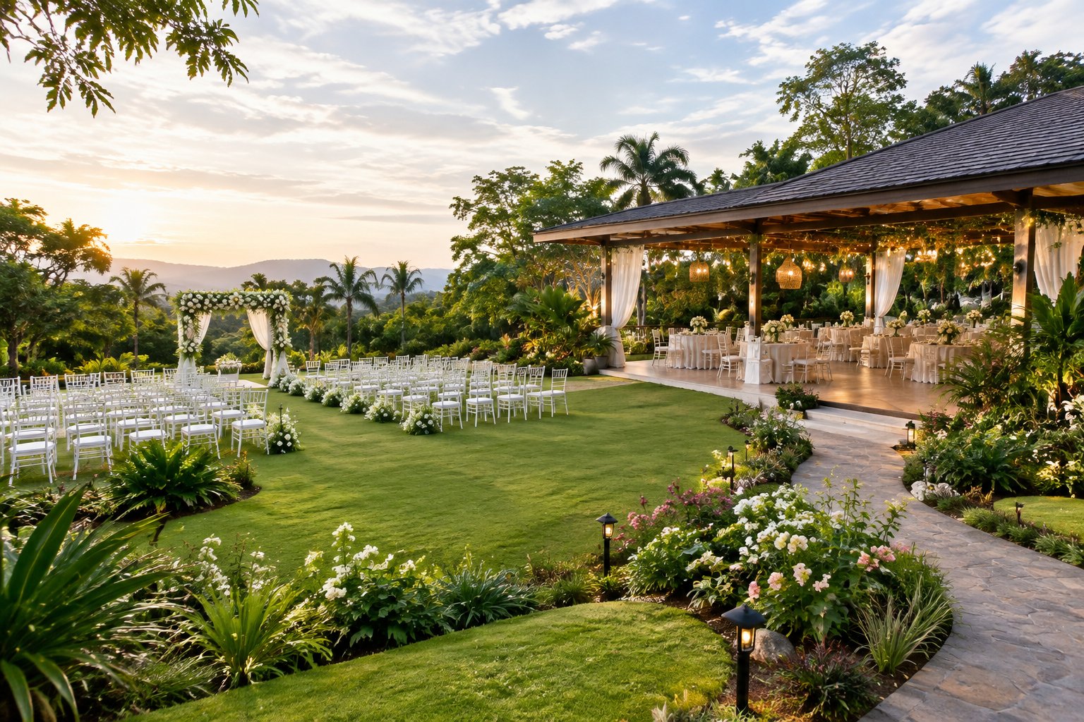 A decorated outdoor wedding ceremony and reception area surrounded by lush tropical gardens.